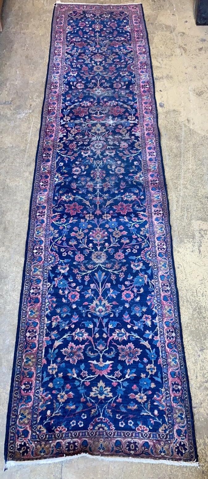 A Kerman blue ground runner, 355 x 77cm